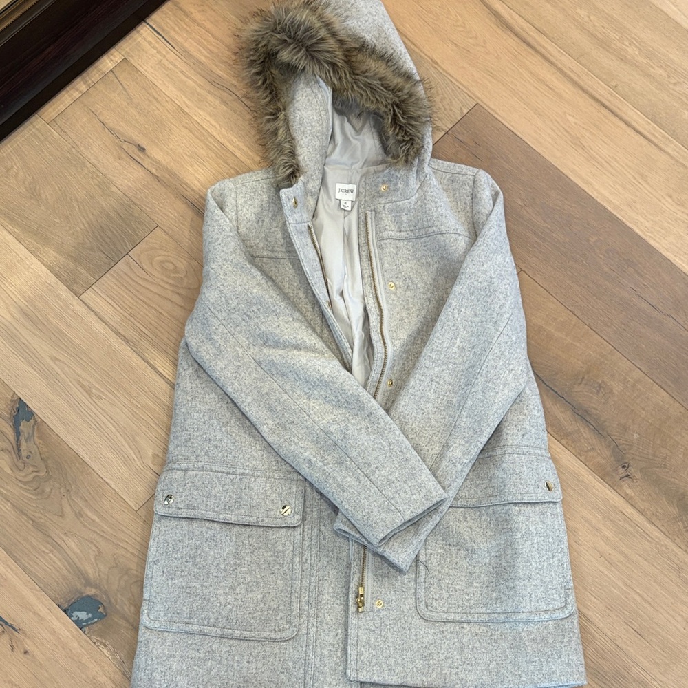 J. Crew Gray Pea Coat with Faux Fur Hood